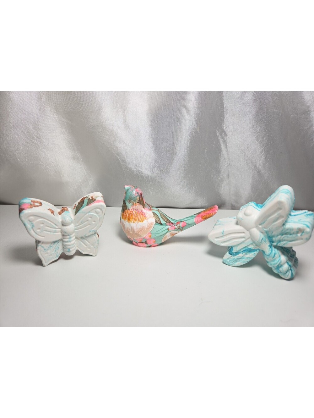 3pc Curated Handmade Plaster Nature Set • Decoupage Accents Bird, Butterfly